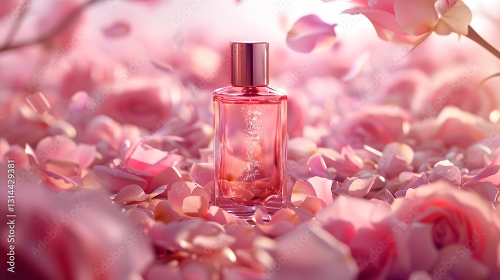 Captivating Luxury Perfume Bottle Surrounded by Soft Pink Rose Petals and Delicate Mist Captivating Luxury Perfume Bottle Surrounded by Soft Pink Rose Petals and Delicate Mist