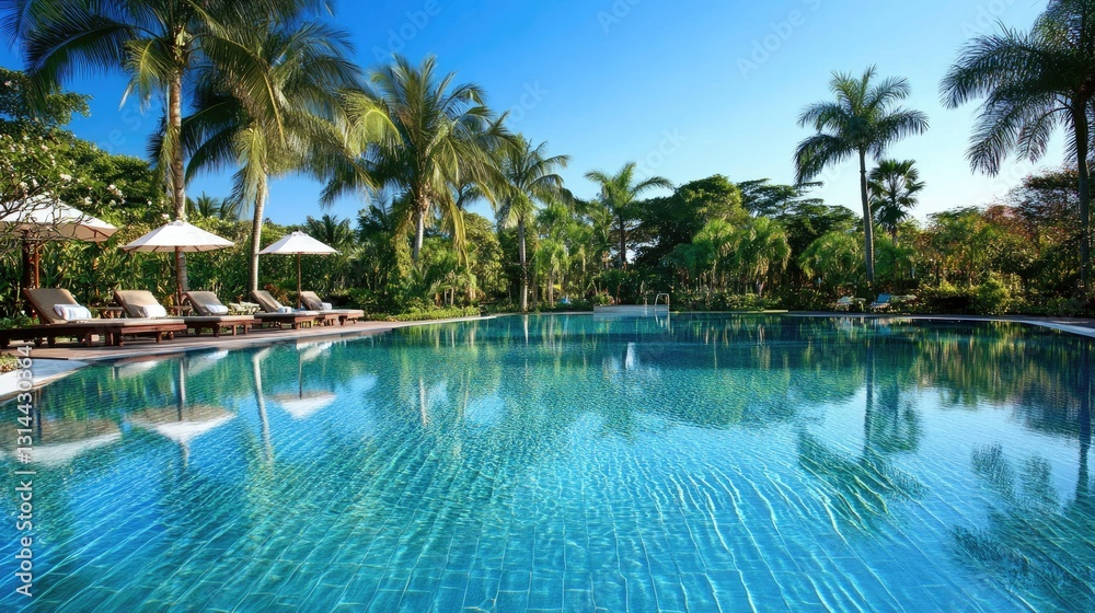 Lush Tropical Pool with Clear Water Surrounded by Palm Trees and Relaxing Loungers in Sunlit Resort Environment Lush Tropical Pool with Clear Water Surrounded by Palm Trees and Relaxing Loungers in Sunlit Resort Environment