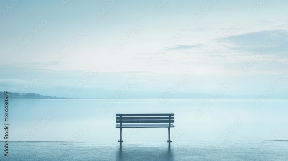 Tranquil Seascape with Empty Bench at Calm Shore Under Soft Blue Sky and Gentle Water Reflections for Serene Moments Tranquil Seascape with Empty Bench at Calm Shore Under Soft Blue Sky and Gentle Water Reflections for Serene Moments