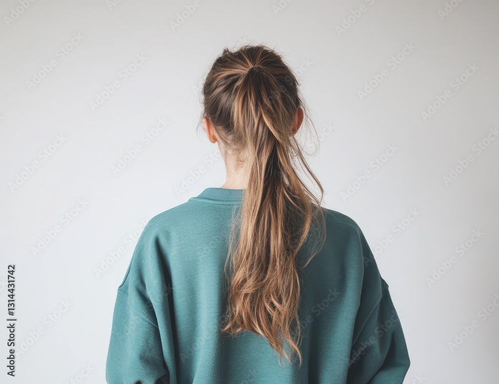 Woman in a teal sweatshirt, viewed from behind. Her hair is tied back and falls straight to the side.