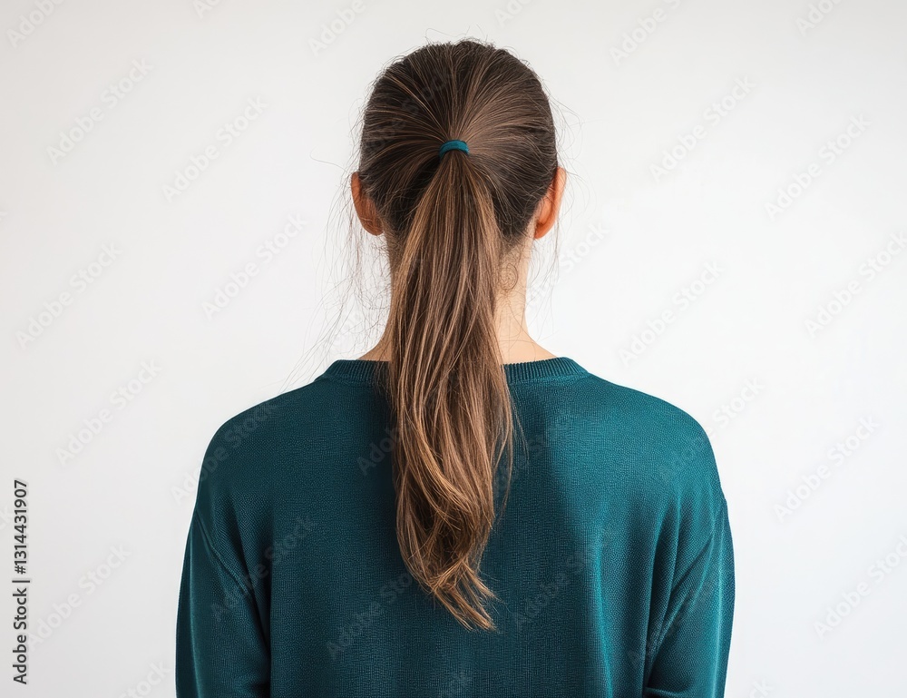 Woman in a teal sweatshirt, viewed from behind. Her hair is tied back and falls straight to the side. Woman in a teal sweatshirt, viewed from behind. Her hair is tied back and falls straight to the side.