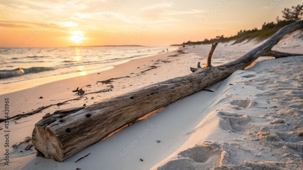 serene beach scene at sunset featuring weathered log on sandy shore, with gentle waves lapping at beach and warm golden glow in sky serene beach scene at sunset featuring weathered log on sandy shore, with gentle waves lapping at beach and warm golden glow in sky