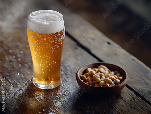 A glass of cold beer with foam overflowing, served with peanuts
