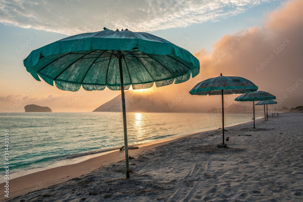 serene beach scene featuring teal umbrellas on sandy shore at sunset, with gentle waves and misty background creating tranquil atmosphere serene beach scene featuring teal umbrellas on sandy shore at sunset, with gentle waves and misty background creating tranquil atmosphere