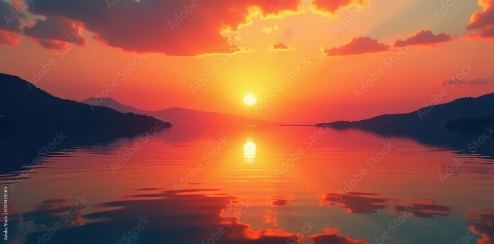 Fototapeta premium Silky, orange sunset reflecting on tranquil water surface , lake, golden