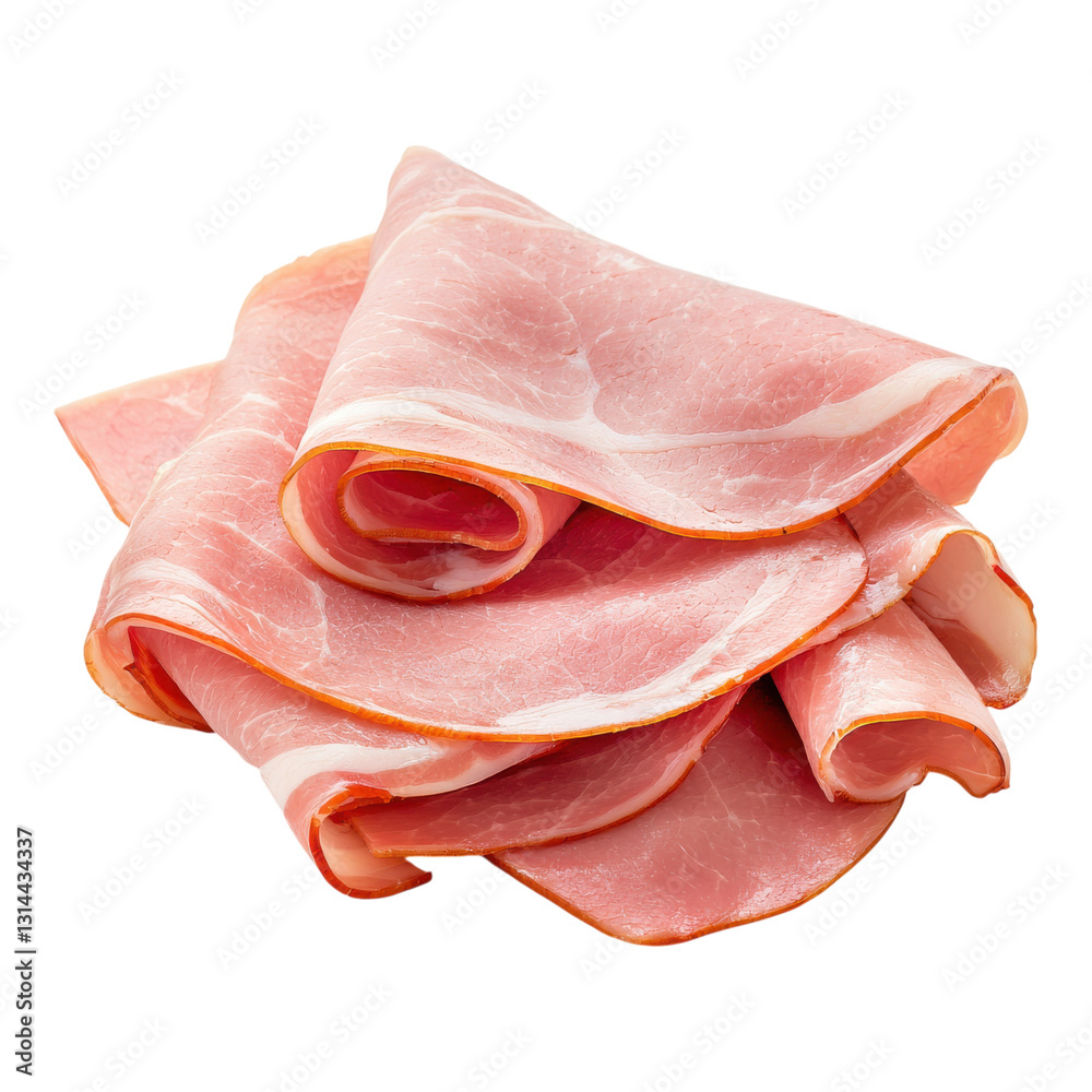 Slices of ham stacked in a wavy arrangement, showcasing a delicate pink hue and smooth texture. Slices of ham stacked in a wavy arrangement, showcasing a delicate pink hue and smooth texture.