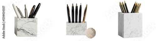 Featuring a natural stone design, the marble pen holder with pens is a stylish solution for organizing office supplies, presented on a transparent background in png format