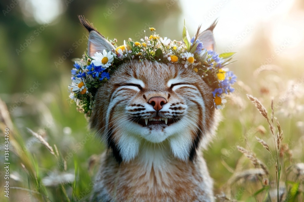 Fototapeta premium Dawn light. Summer happiness. Cute adult animal bobcat wearing fierce flower wreath on its head. Wildlife in a dreamy floral setting. Wild creature with soft floral accents.