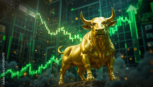 A powerful black bull stands against a backdrop of glowing green stock market charts, symbolizing strength and financial growth.