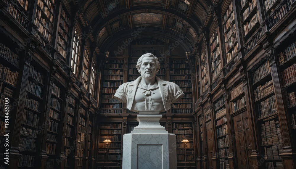 Fototapeta premium Marble Bust in Grand Library Hallway Bookshelves Literature Knowledge Study