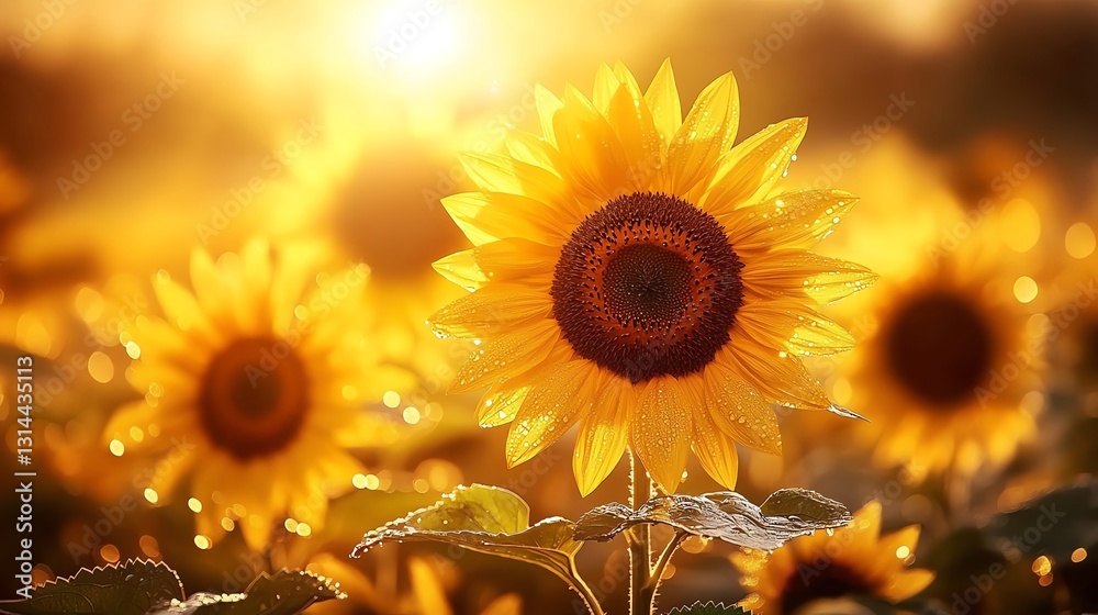 Fototapeta premium Illuminated Sunflower Field Glowing in Warm Sunlight on a Summer Day