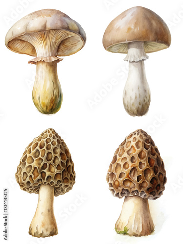 Detailed watercolor mushrooms, botanical illustration, natural colors, artistic design, food and nature themes.