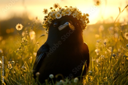 Golden hour in sunset. Summer happiness. Cute baby animal crow wearing savage flower wreath on its head. Tranquil outdoor moment with wildlife. Golden light on a wild creature. photo