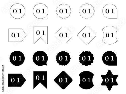 数字と色々な形状　モノクロ　アイコン　イラスト
