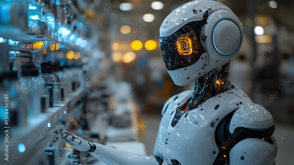 Fototapeta premium Humanoid robot assisting in a high-tech laboratory, collaborating with scientists on research and innovation