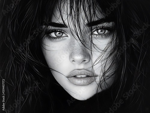 Fine art pencil drawing, enchanting black-haired woman, realistic shading, expressive deep gaze, soft yet bold strokes, highly detailed graphite rendering, textured sketch, no background, ultra-realis