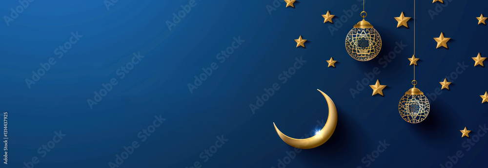Naklejka premium Ramadan Kareem: Crescent Moon for Stars, Lanterns.