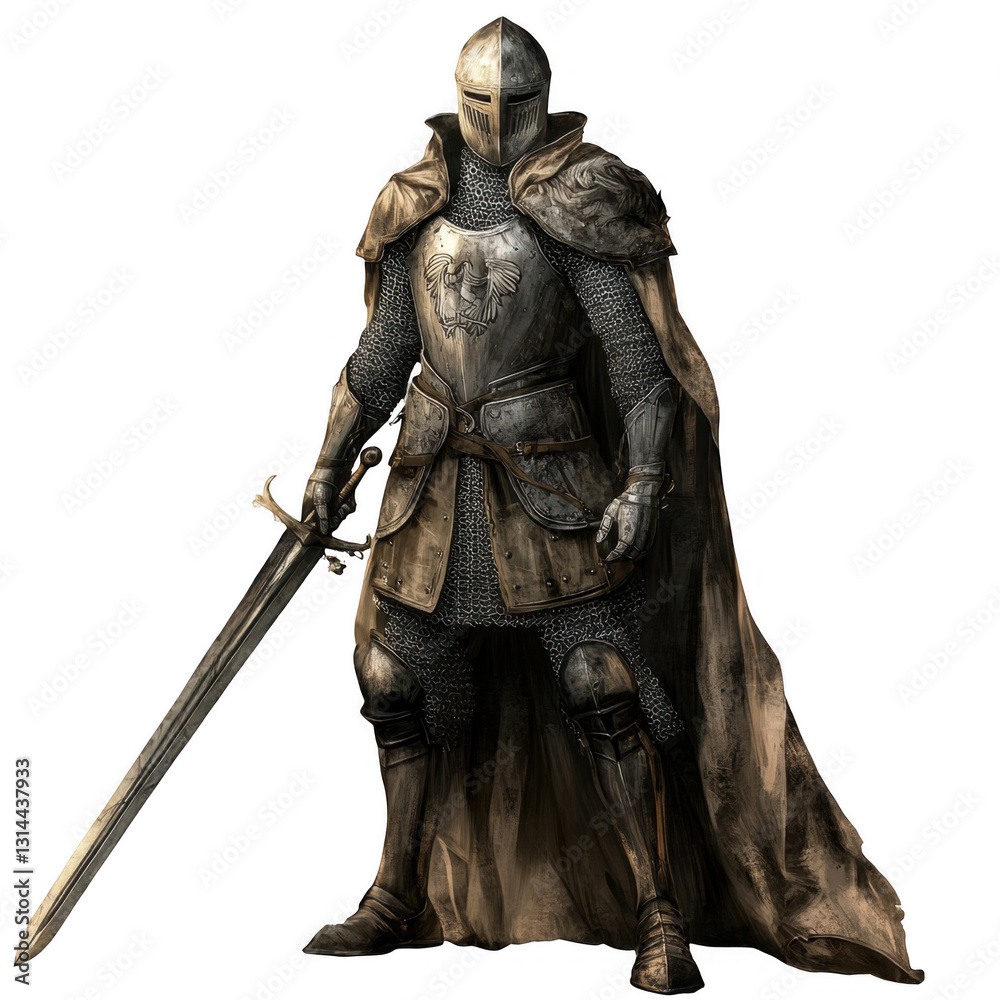 Obraz premium Armored Knight in Medieval Armor Holding Sword and Shield