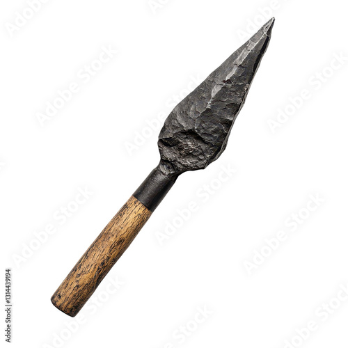 Ancient stone spearhead with wooden handle