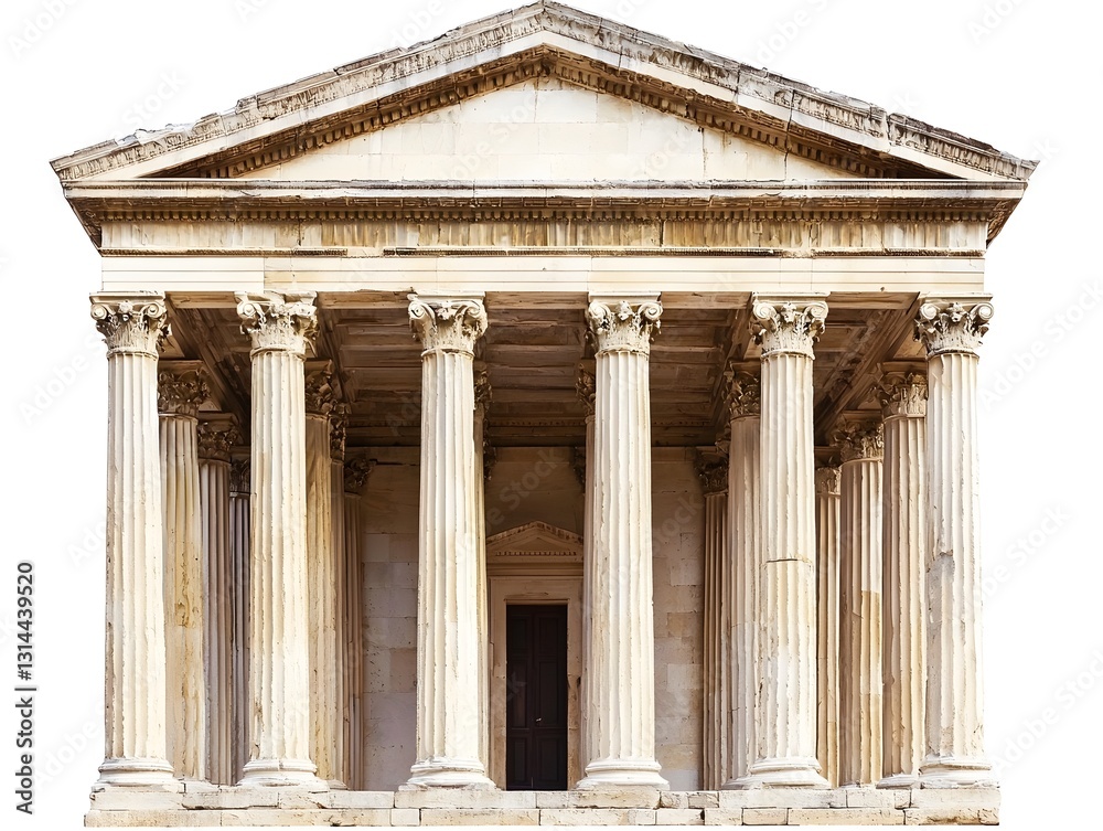 Obraz premium Majestic Greek Neoclassical Temple with Iconic Ionic Columns and Triangular Pediment on White Background