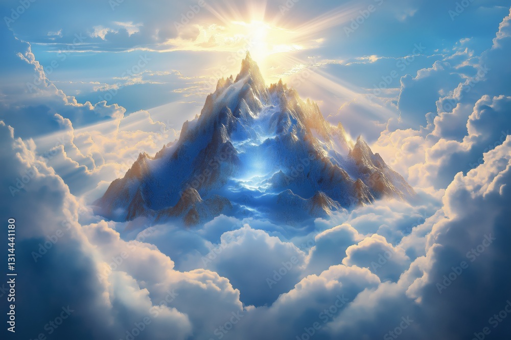 The majestic view of Mount Olympus, the abode of the Greek gods, surrounded by clouds and bathed in soft sunlight, is a mythological concept.