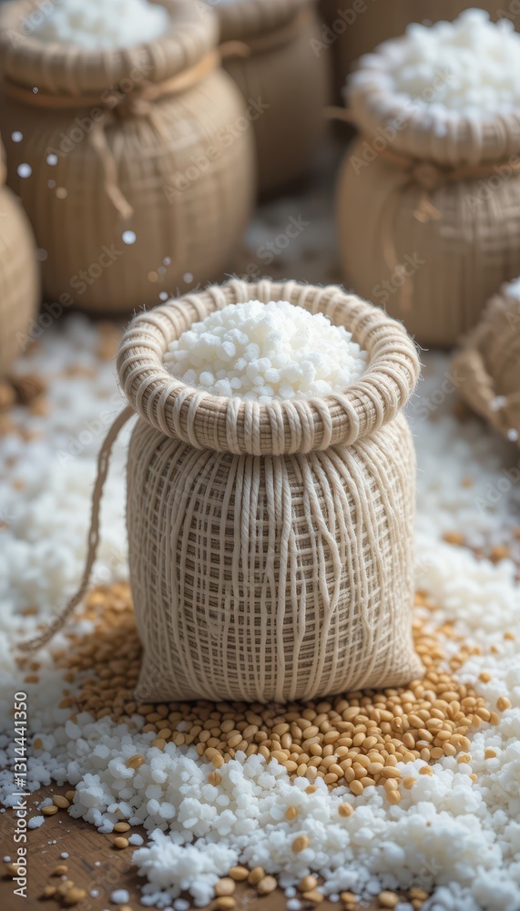 White Tapioca Pearls in Burlap Sack with Yellow Grains on Wooden Table White Tapioca Pearls in Burlap Sack with Yellow Grains on Wooden Table