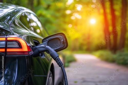 A charging plug inserted into an electric car against a background of green trees.