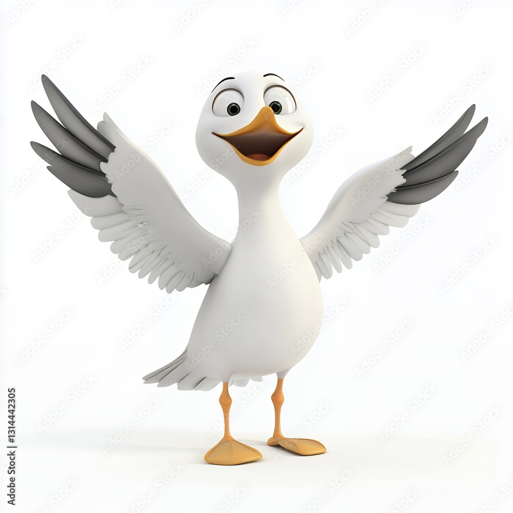 Joyful Cartoon Seagull with Wings Outstretched on White Background Joyful Cartoon Seagull with Wings Outstretched on White Background