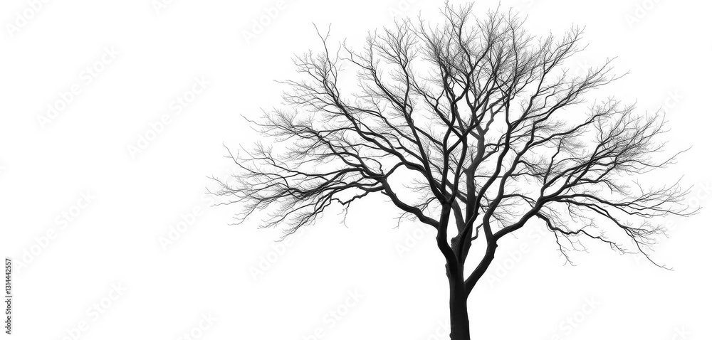 Obraz premium Lone deciduous tree, stark branches against pure white backdrop, springtime, winter