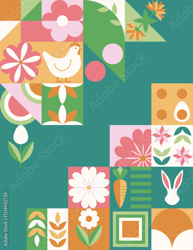 Wielkanocny zielony baner z mozaiką z świątecznymi symbolami. Wiosenny geometryczny wzór z królikiem, jajkami i kwiatami.