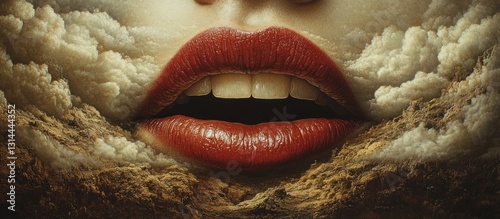 Obraz na płótnie Woman's red lips, cloudscape, landscape, surreal art, ad w salonie