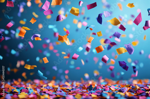 Glittering gold and silver confetti swirls in mid-air against gradient blue backdrop, abstract celebration motion effects with depth of field blur. Perfect for event promotion posters, wedding invitat