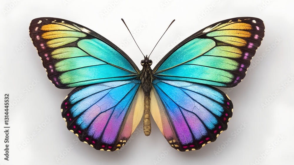 Obraz premium Rainbow Wings: A vibrant butterfly, its delicate wings adorned with a mesmerizing spectrum of colors, rests gently, presenting its beauty in exquisite detail