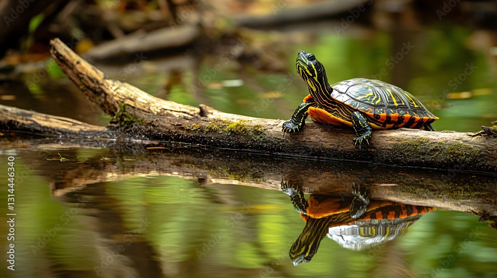 Fototapeta premium Invasive turtle encounter: striking wildlife