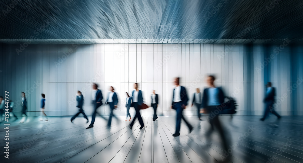 Blurred figures in suits walk purposefully through a spacious, modern building with bright, vertical lines creating a sense of speed and direction. The scene evokes corporate movement and a dynamic b Blurred figures in suits walk purposefully through a spacious, modern building with bright, vertical lines creating a sense of speed and direction. The scene evokes corporate movement and a dynamic b