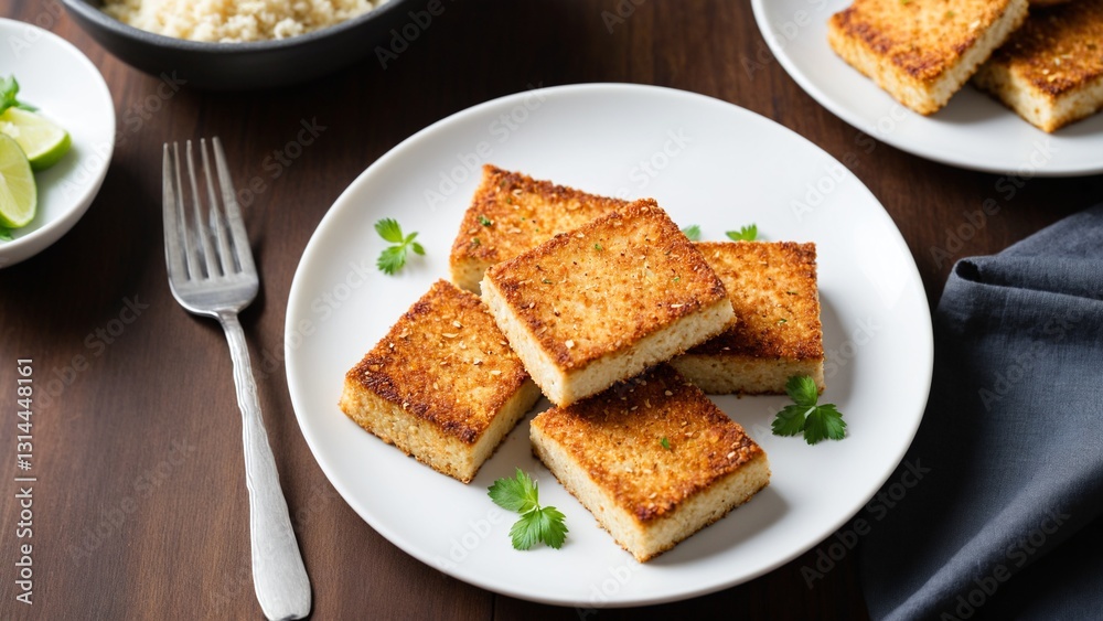 Golden Crispy Tofu on Herb-Studded Plate with Rice Golden Crispy Tofu on Herb-Studded Plate with Rice