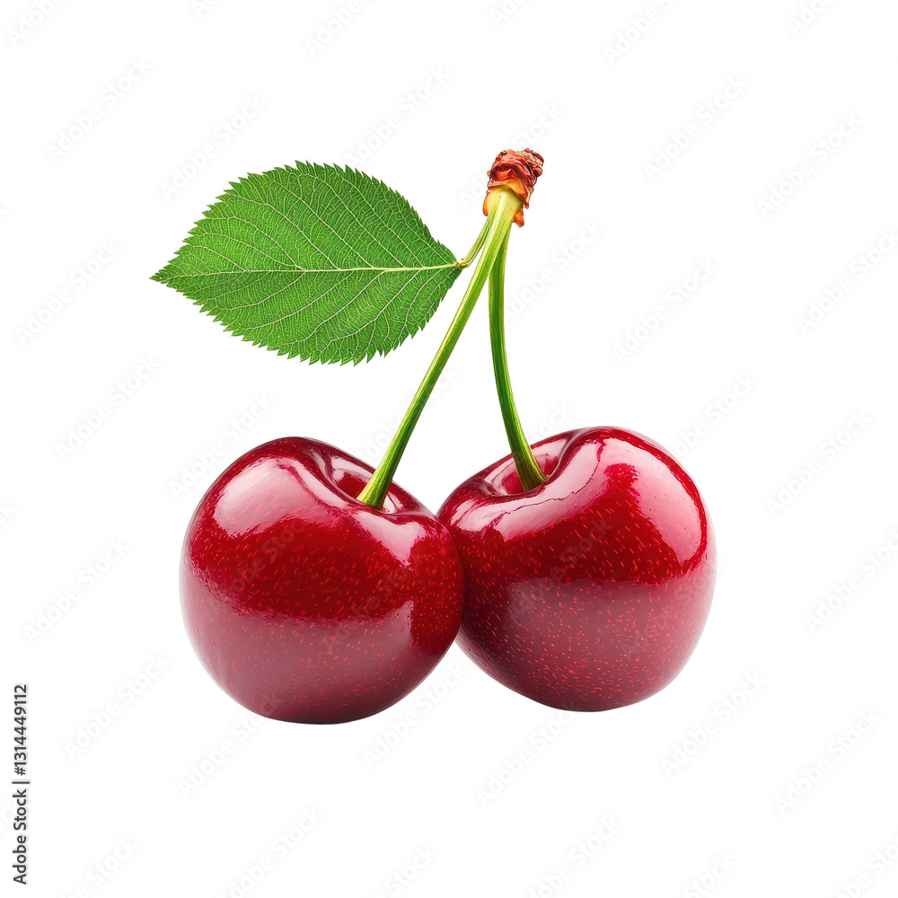 Fresh cherries with green leaf on transparent background