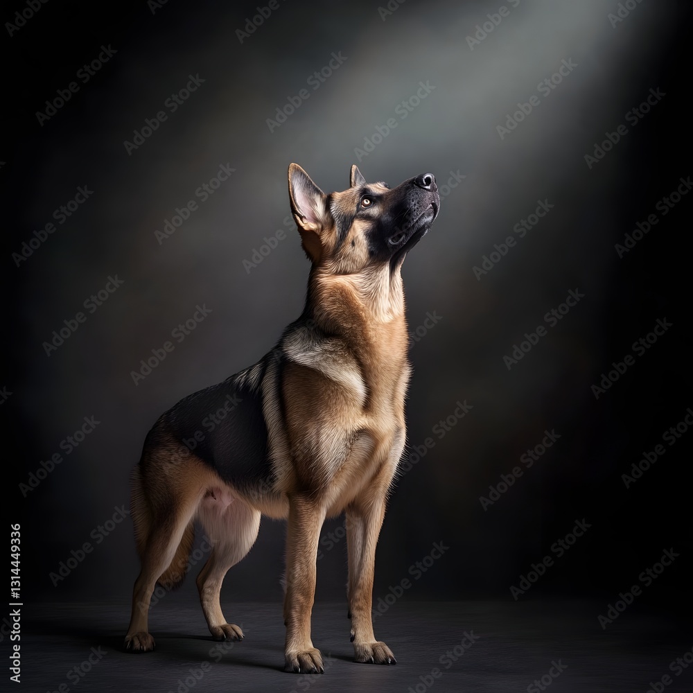 Powerful and Loyal German Shepherd Standing Strong in Soft Lighting Powerful and Loyal German Shepherd Standing Strong in Soft Lighting