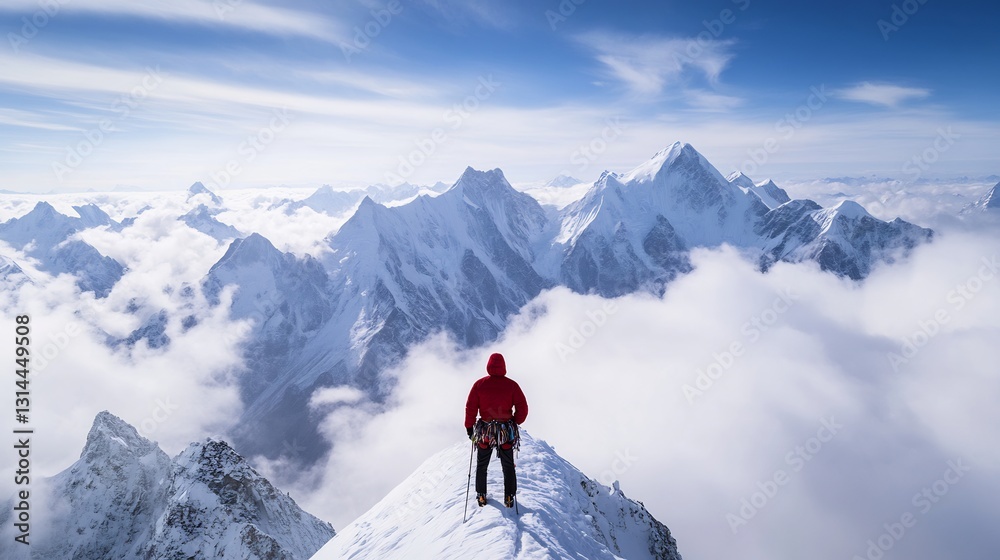 Climber Resting on Snowy Mountain Peak with Breathtaking View Climber Resting on Snowy Mountain Peak with Breathtaking View