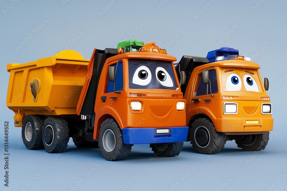 Naklejka premium Cartoon Dump Trucks Smiling on Blue Background Toy Vehicle Concept