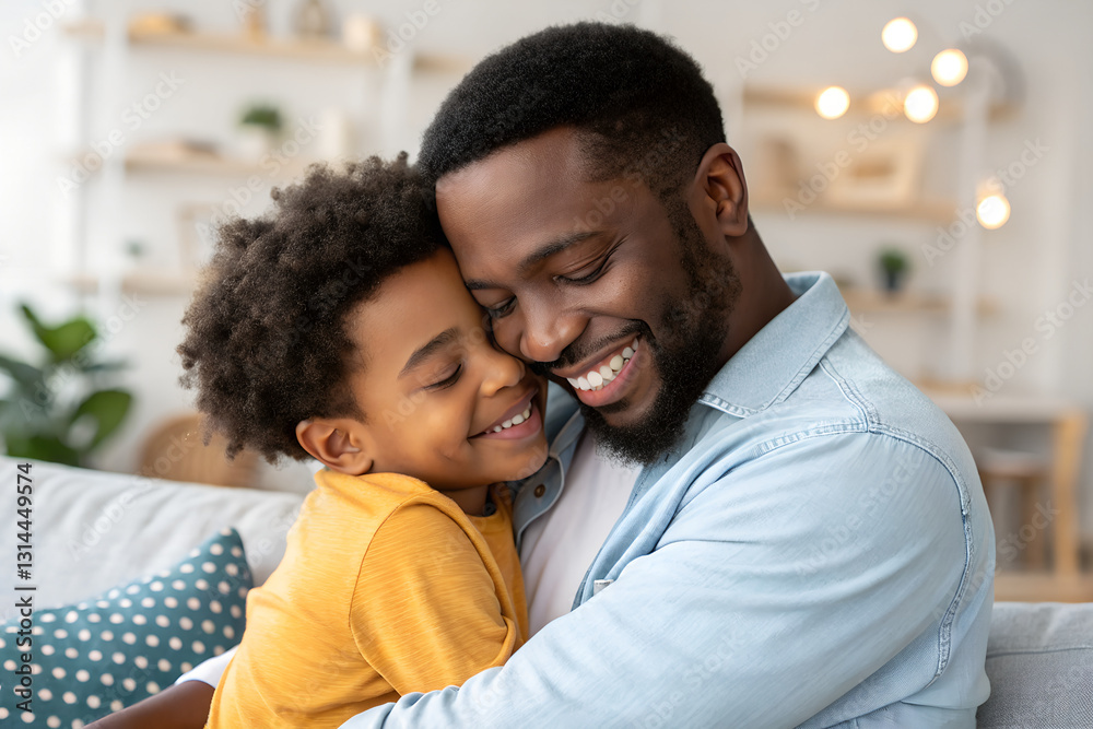 Obraz premium Happy afro-american lovely black father embracing her child at home. Closeup.
