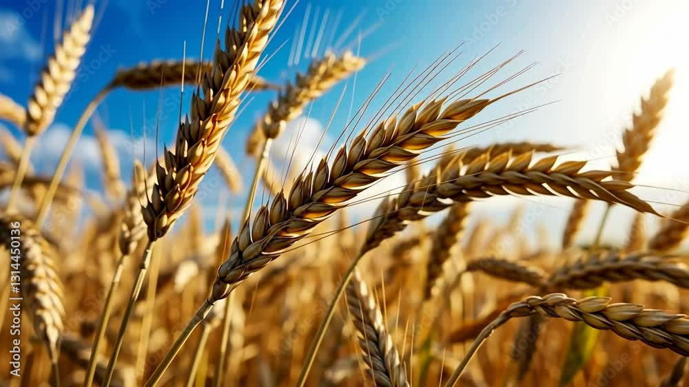 Close-up video of golden wheat fields under a bright blue sky, captured from a low angle, highlighting the sunlit grains and vibrant colors. Live desktop wallpaper. Close-up video of golden wheat fields under a bright blue sky, captured from a low angle, highlighting the sunlit grains and vibrant colors. Live desktop wallpaper.