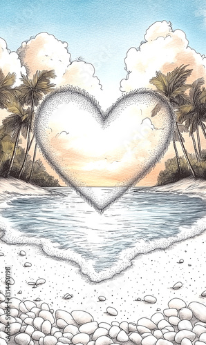 Heart is drawn in the sand on a beach, with palm trees in the background. The heart is surrounded by a circle of rocks, and the ocean is visible in the background. Concept of love and warmth