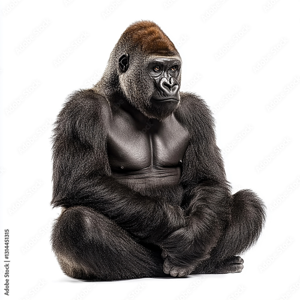 Fototapeta premium Powerful western lowland gorilla sitting isolated on white background studio shot wildlife animal ape fur calm male black