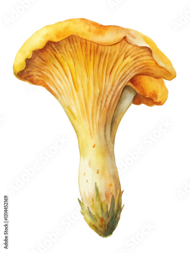 Vibrant yellow mushroom, watercolor illustration, nature art, botanical design, culinary inspiration, organic textures.