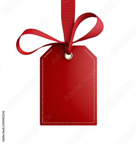 Red blank price tag with ribbon, isolated on transparent background