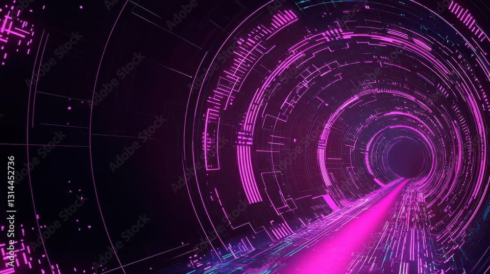 Fototapeta premium Futuristic digital matrix background with glowing cyber tunnels, AI network visualization