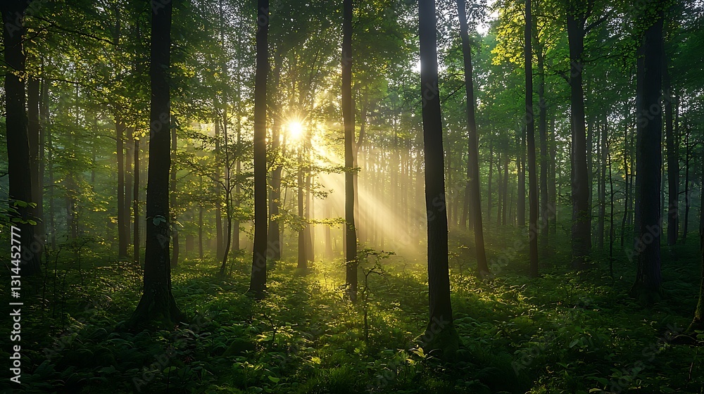 Fototapeta premium Sunbeams Illuminating Misty Green Forest at Sunrise Lush Nature Scene