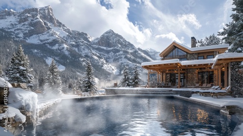 Wallpaper Mural Serene mountain retreat lodge with a geothermal outdoor pool in the wintertime Torontodigital.ca