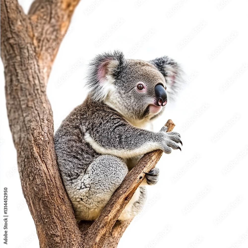 Fototapeta premium Adorable koala bear sitting on a tree branch in australia wildlife fur cute bush grey cute soft calm brown white fauna